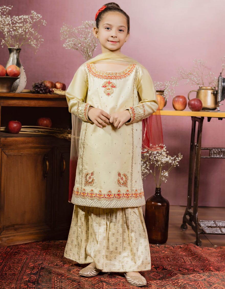 Beige Cotton Girls 3 Piece Stitched | Jgk-W-22-1926