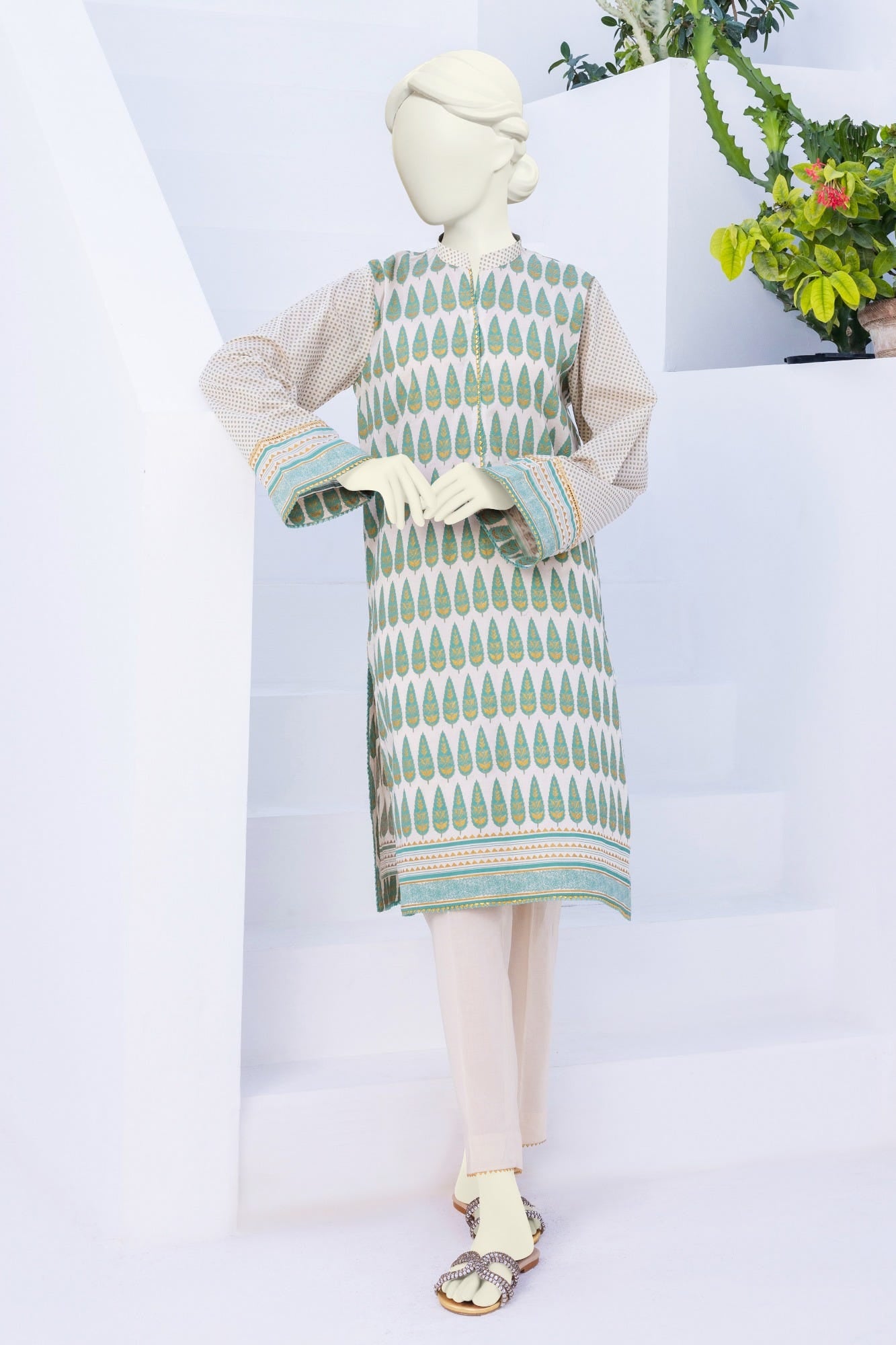 BEIGE-GREEN LAWN 2PC STITCHED | CCW-2PSU-ST-S-22-2063
