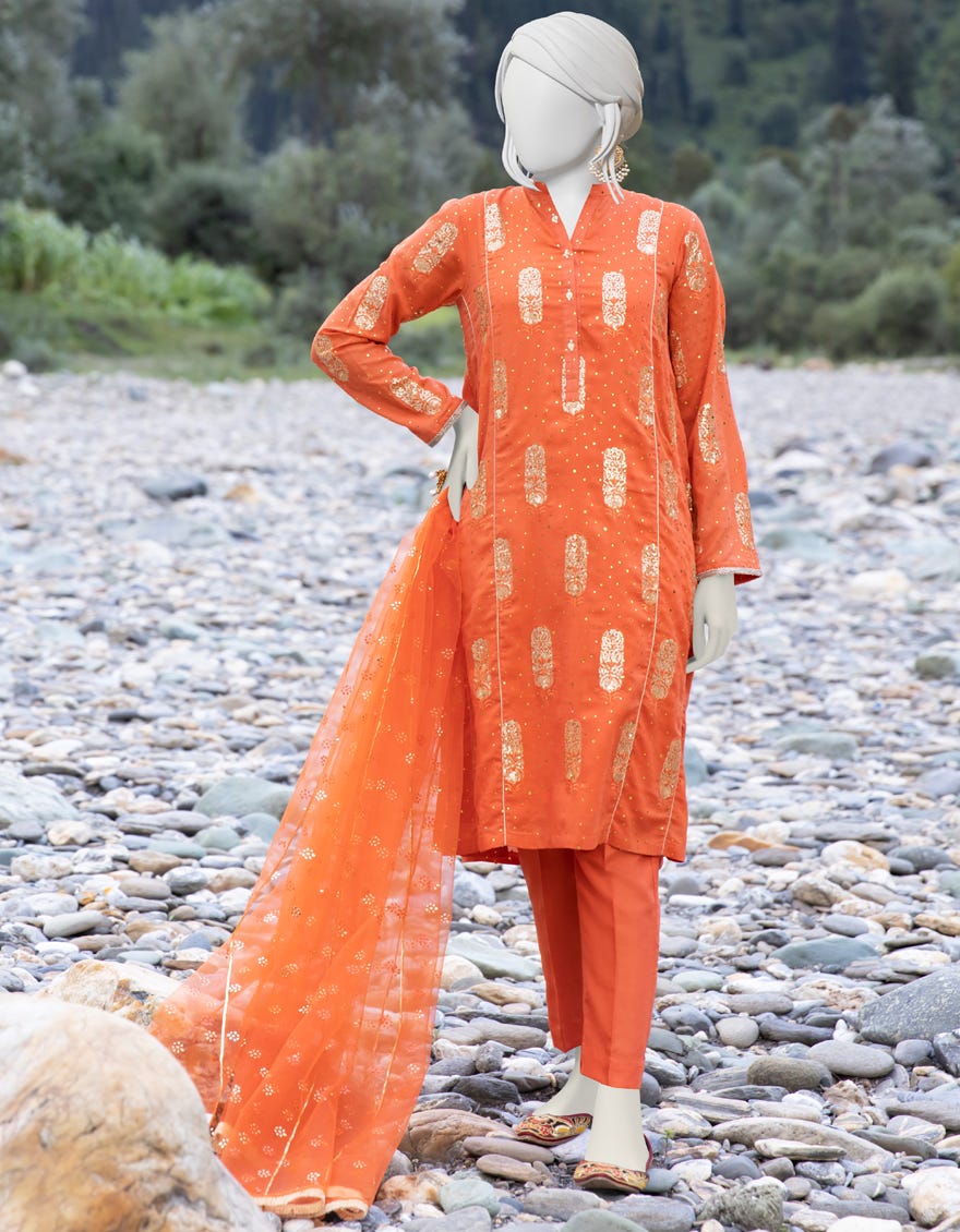 Orange Viscose 3 Piece Stitched Dress | Jjpw-W-Jpws-22-461
