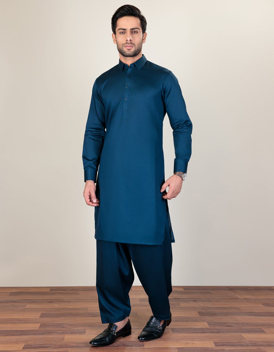 PRUSSIAN BLUE COTTON UNSTITCHED KAMEEZ SHALWAR FABRIC | JJMS-2209