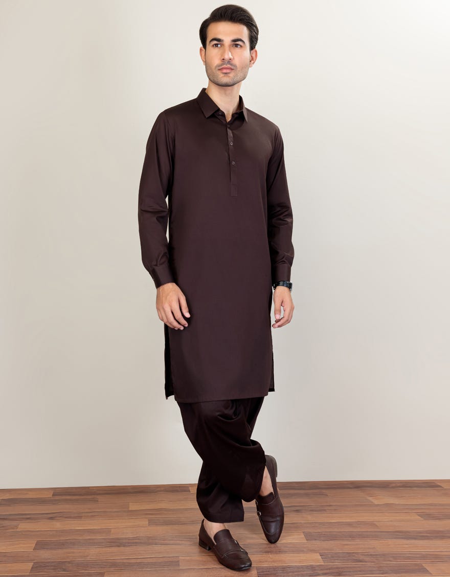 Chocolate Brown Cotton Unstitched Kameez Shalwar Fabric | Jjms-2245
