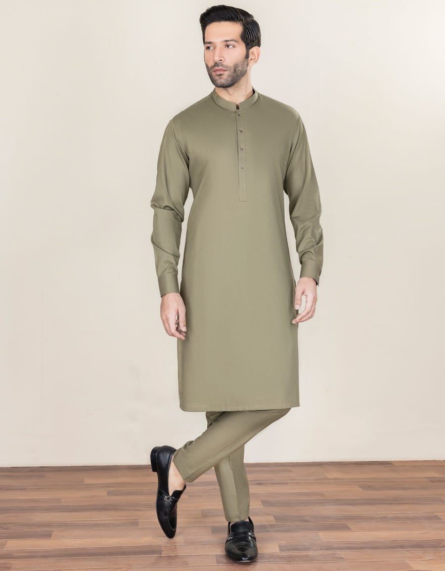 Olive Green Cotton Unstitched Kameez Shalwar Fabric | Jjms-2278