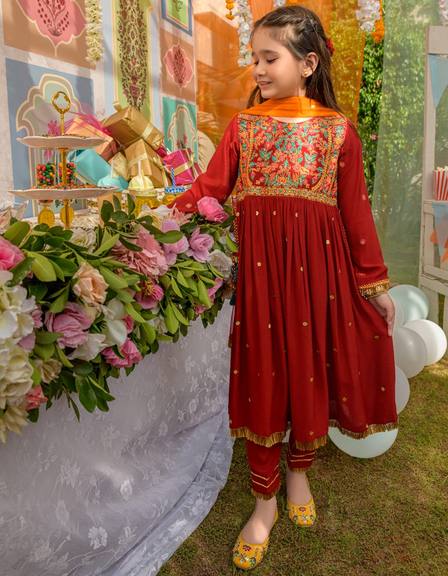 Red Raw Silk Girls 3 Piece Stitched | Jgkl-S-Jjgf-23-004