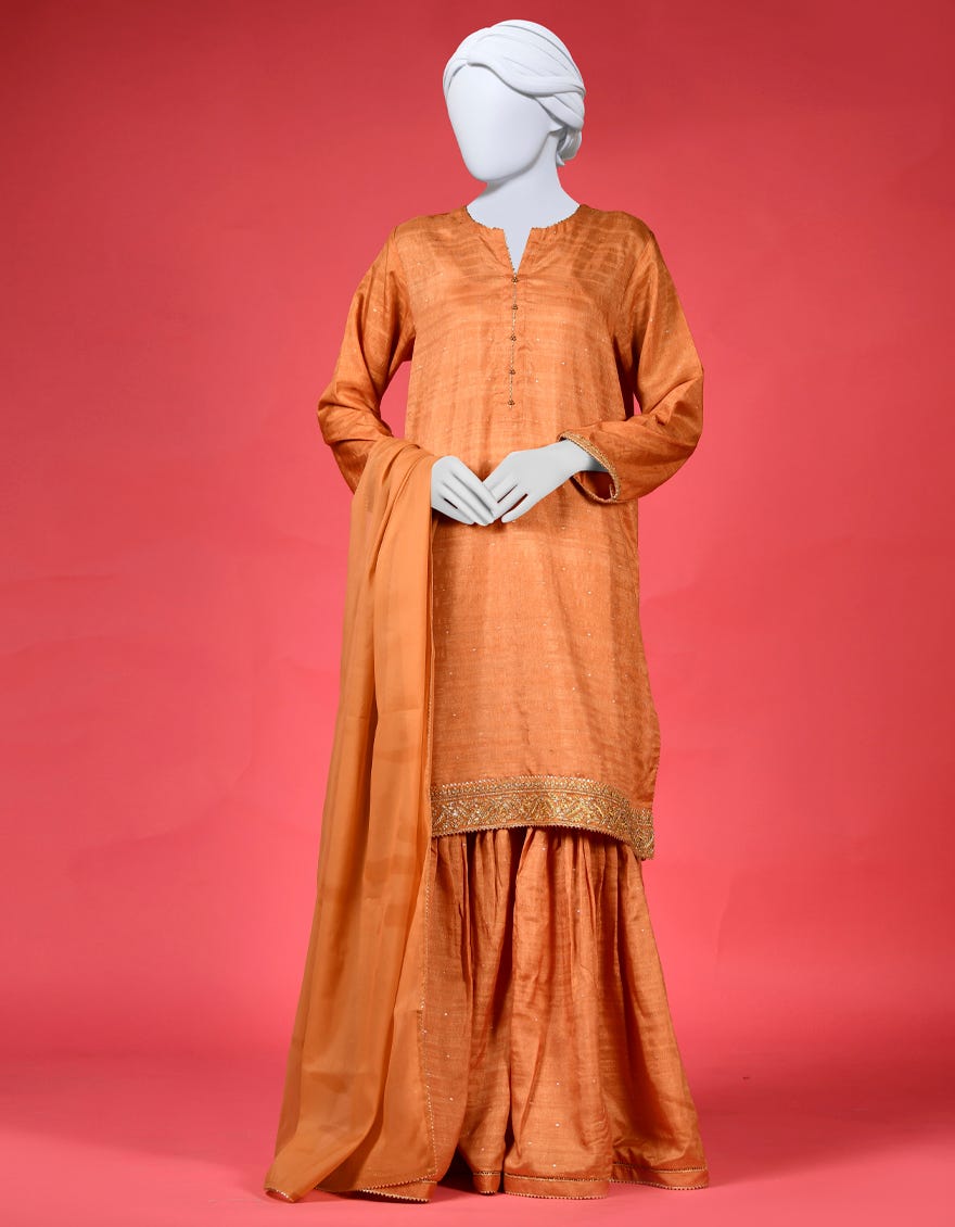 Orange Raw Silk 3 Piece Stitched Dress | Ccw-3Ps-S-23-005