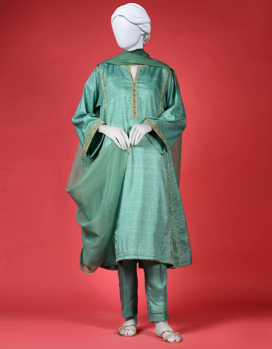 Green Raw Silk 3 Piece Stitched Dress | Ccw-3Ps-S-23-006