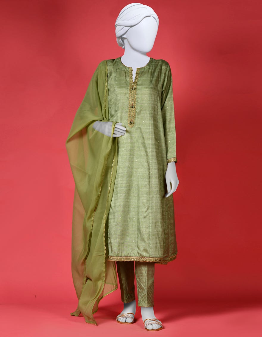 Green Raw Silk 3 Piece Stitched Dress | Ccw-3Ps-S-23-007