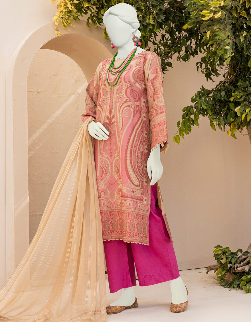 Beige Jacquard 3 Piece Stitched Dress | Jlawn-S-23-007