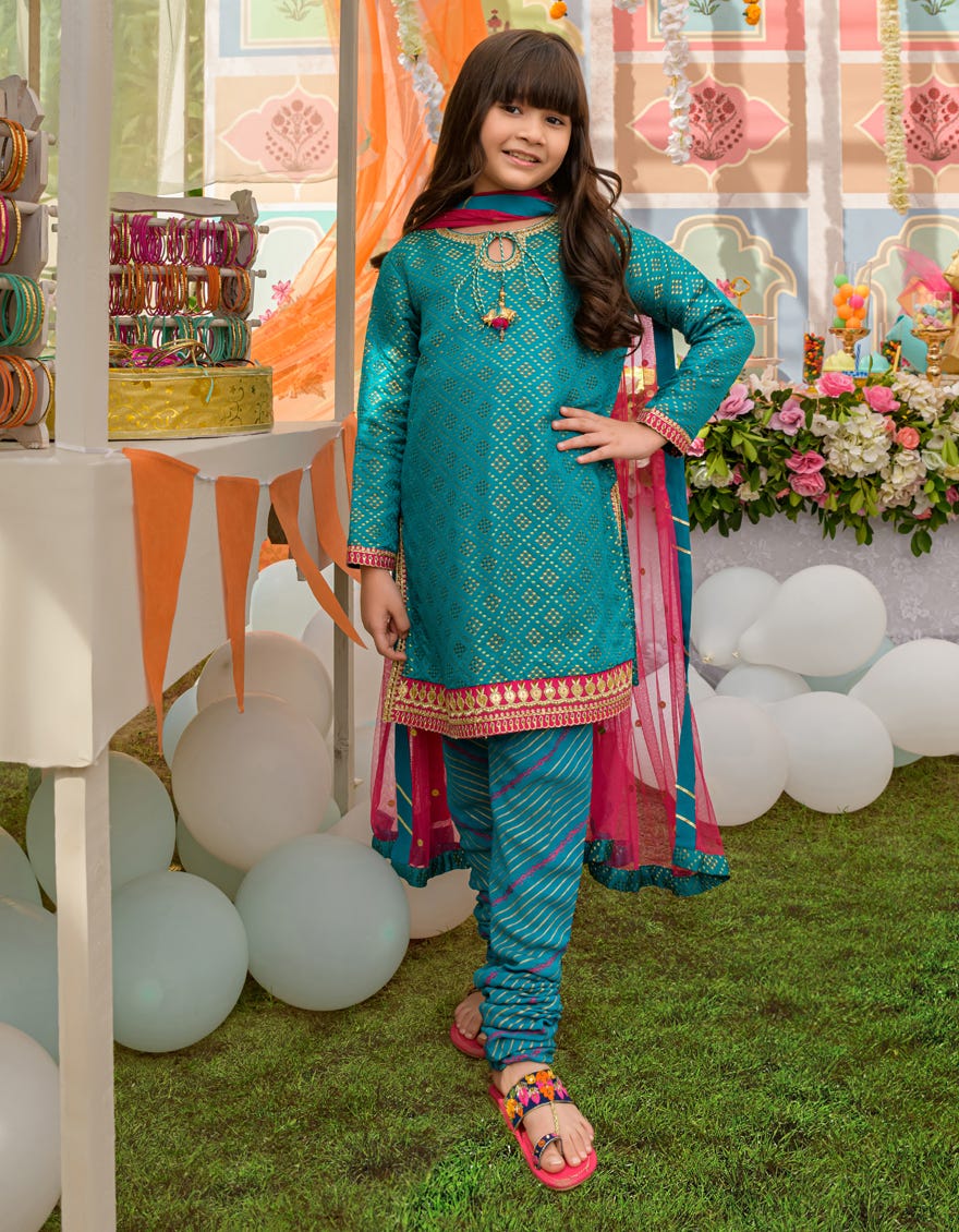 Teal Jacquard Girls 3 Piece Stitched | Jgkl-S-Jjgf-23-008
