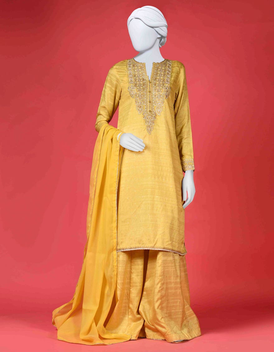 Yellow Raw Silk 3 Piece Stitched Dress | Ccw-3Ps-S-23-008
