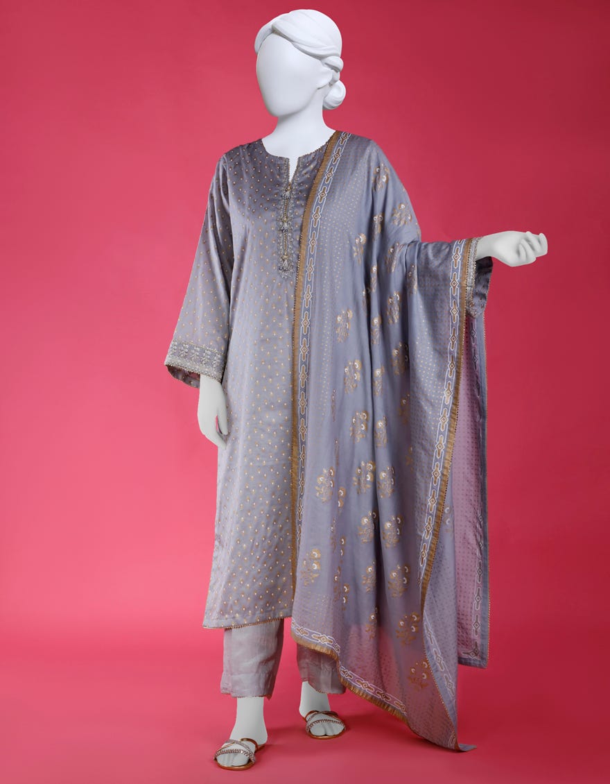 Greyish Blue Silk 3 Piece Stitched Dress | Ccw-3Ps-S-23-013