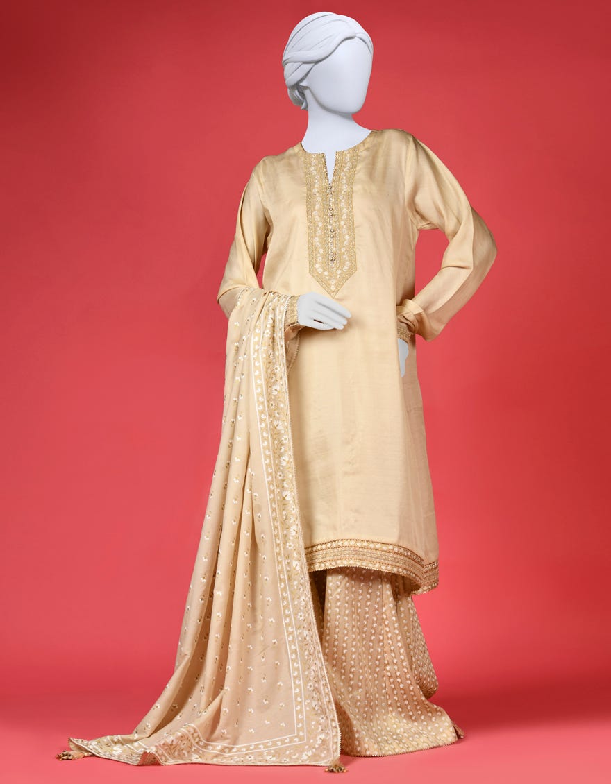 Yellow-Off White Silk 3 Piece Stitched Dress | Ccw-3Ps-S-23-016