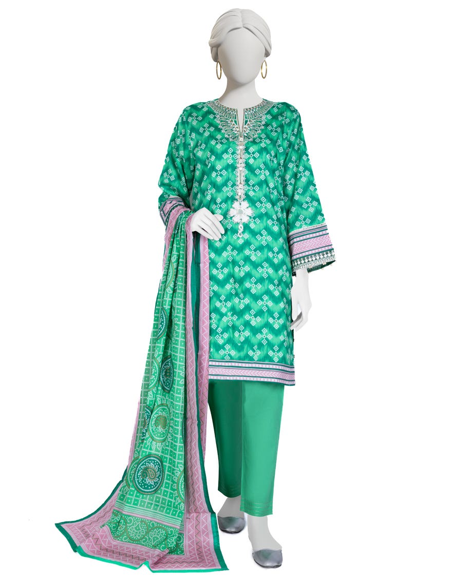 Green Lawn 3 Piece Stitched Dress | Jlawn-S-23-016