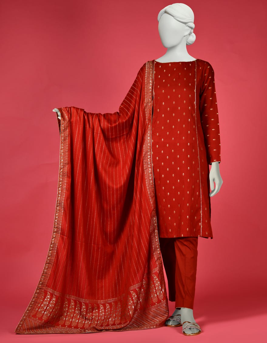 Rust Jacquard 3 Piece Stitched Dress | Ccw-3Psu-S-23-031