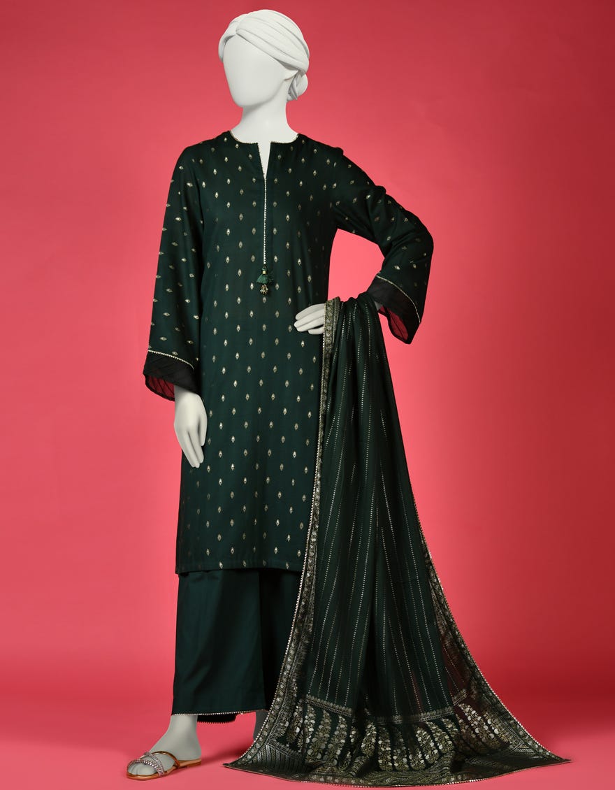 Green Jacquard 3 Piece Stitched Dress | Ccw-3Psu-S-23-032