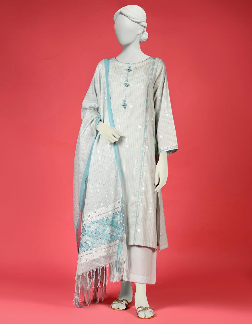 Ice Blue Jacquard 3 Piece Stitched Dress | Ccw-3Psu-S-23-033