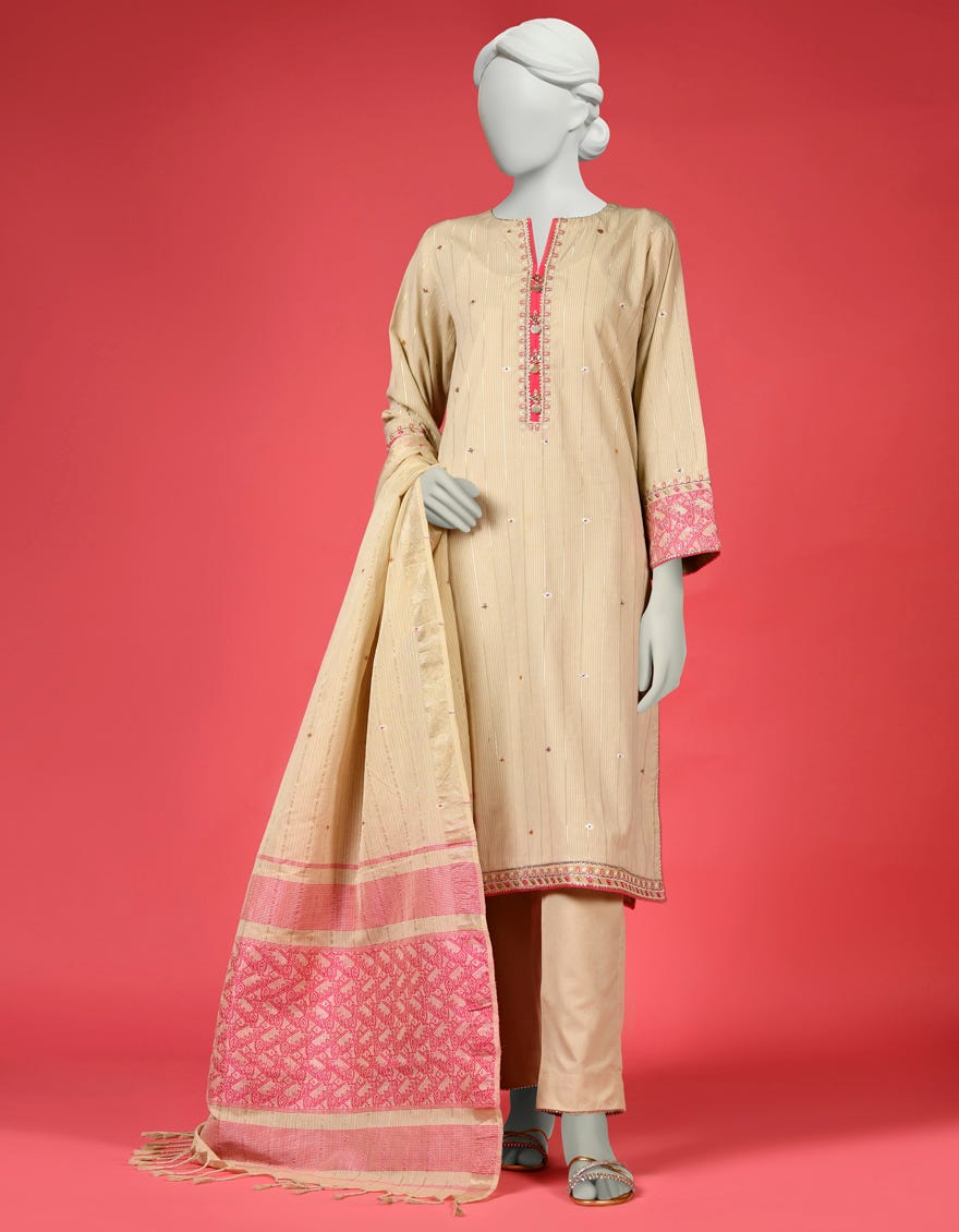 Beige Dyed Unstitched 3 Piece Dress | Ccw-3Psu-S-23-036