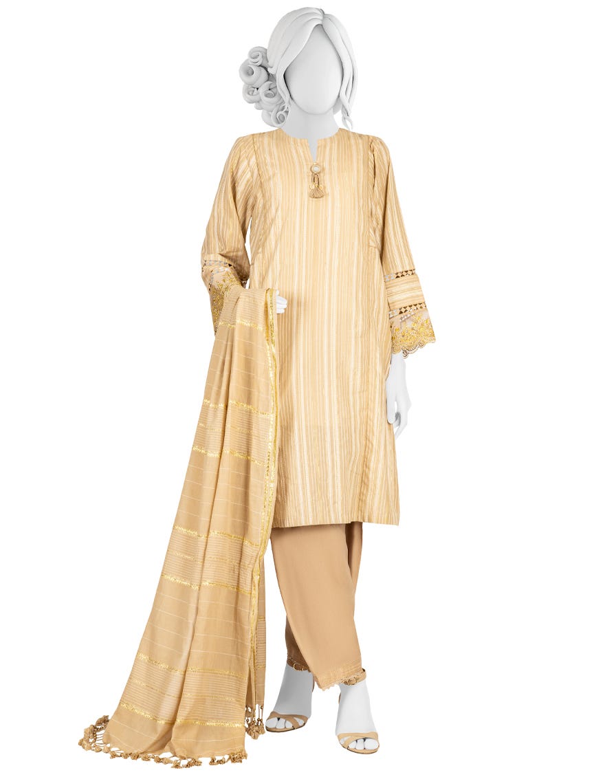 Beige Jacquard Unstitched 3 Piece Dress | Jlawn-S-23-037 Foan