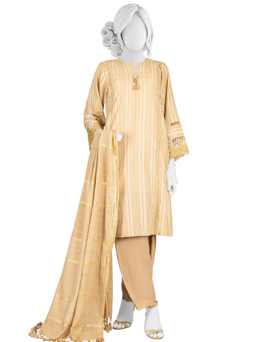 Beige Jacquard 3 Piece Stitched Dress | Jlawn-S-23-037
