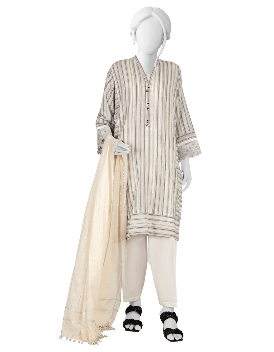 Black-White Jacquard 3 Piece Stitched Dress | Jlawn-S-23-038