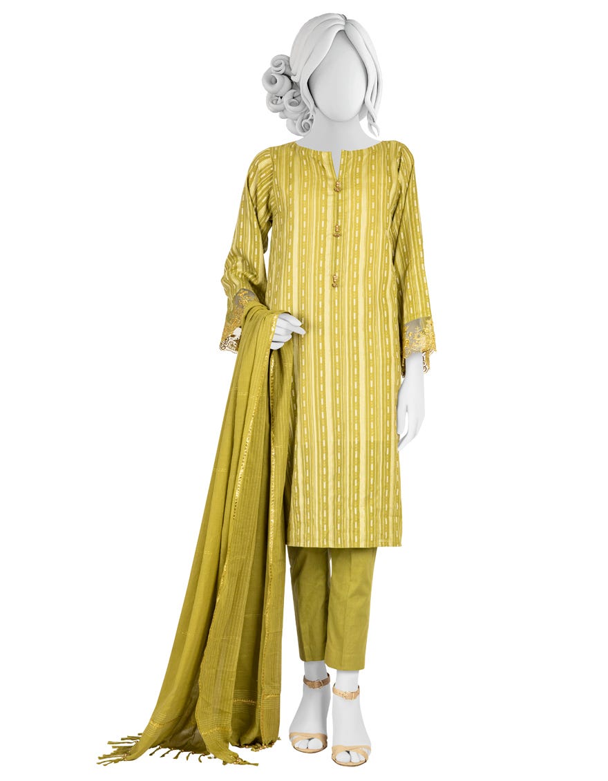 Green Jacquard 3 Piece Stitched Dress | Jlawn-S-23-040