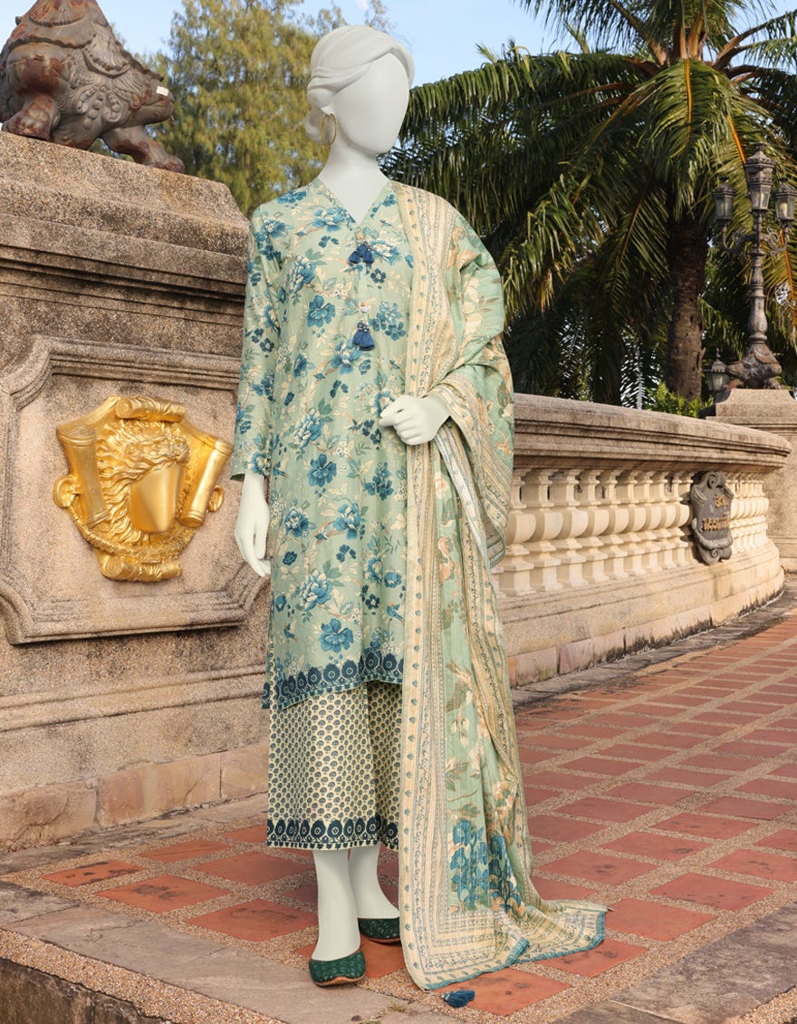 GREEN LAWN UNSTITCHED 3PC | JLAWN-S-23-044 TEAL