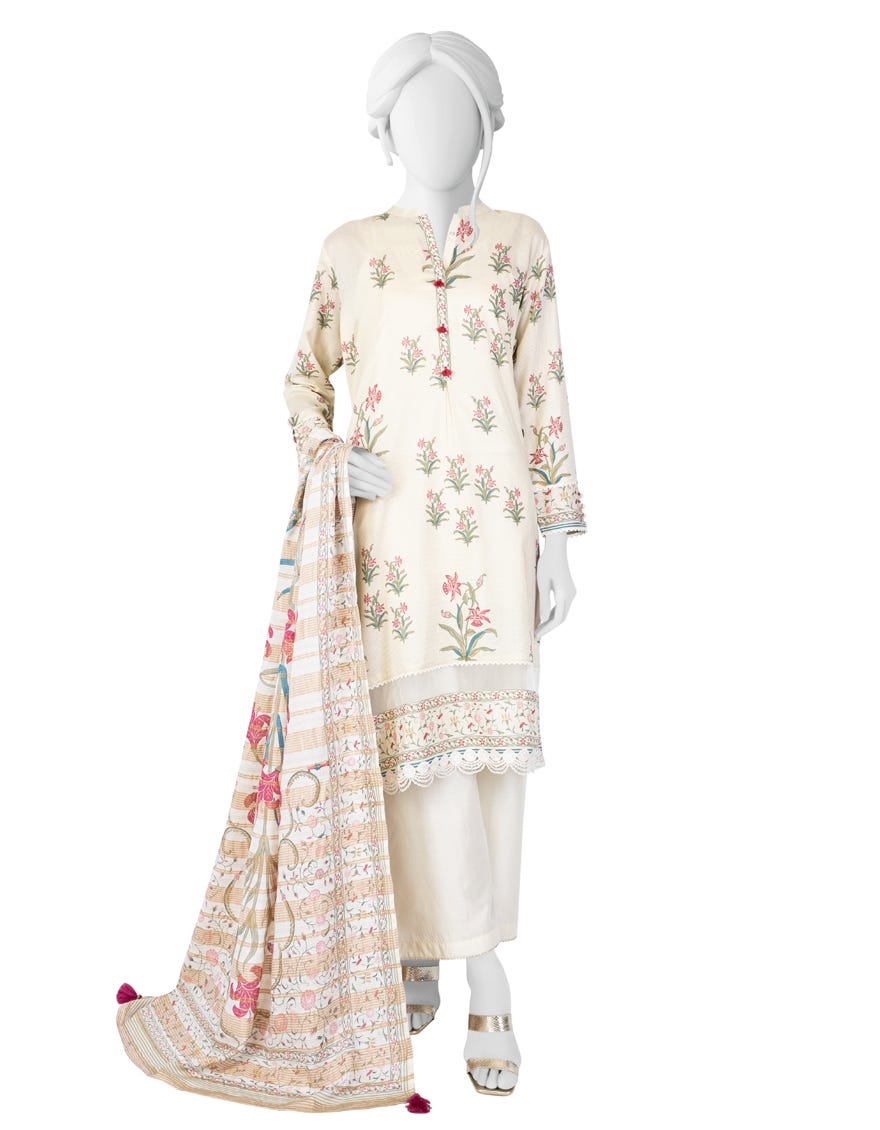 Cream Lawn 3 Piece Stitched Dress | Jlawn-S-23-051