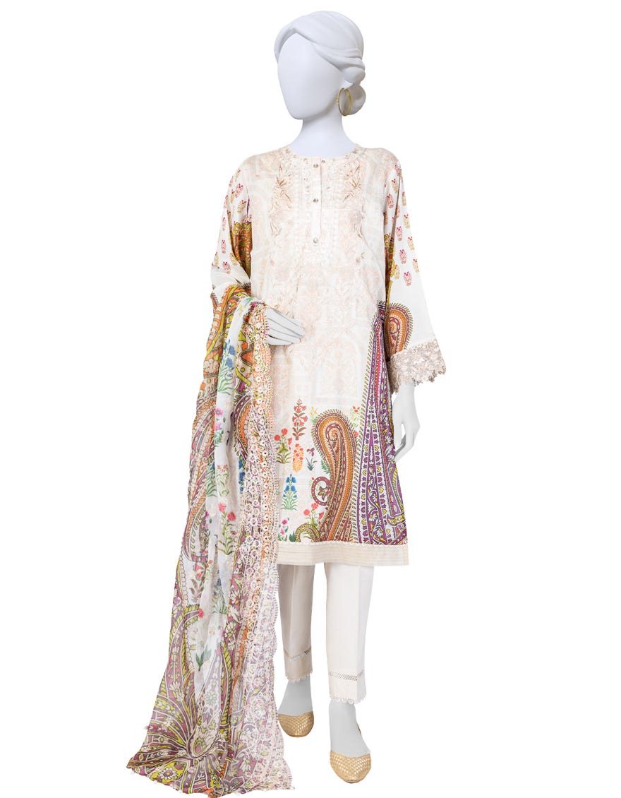 Off White Lawn 3 Piece Stitched Dress | Jlawn-S-23-061