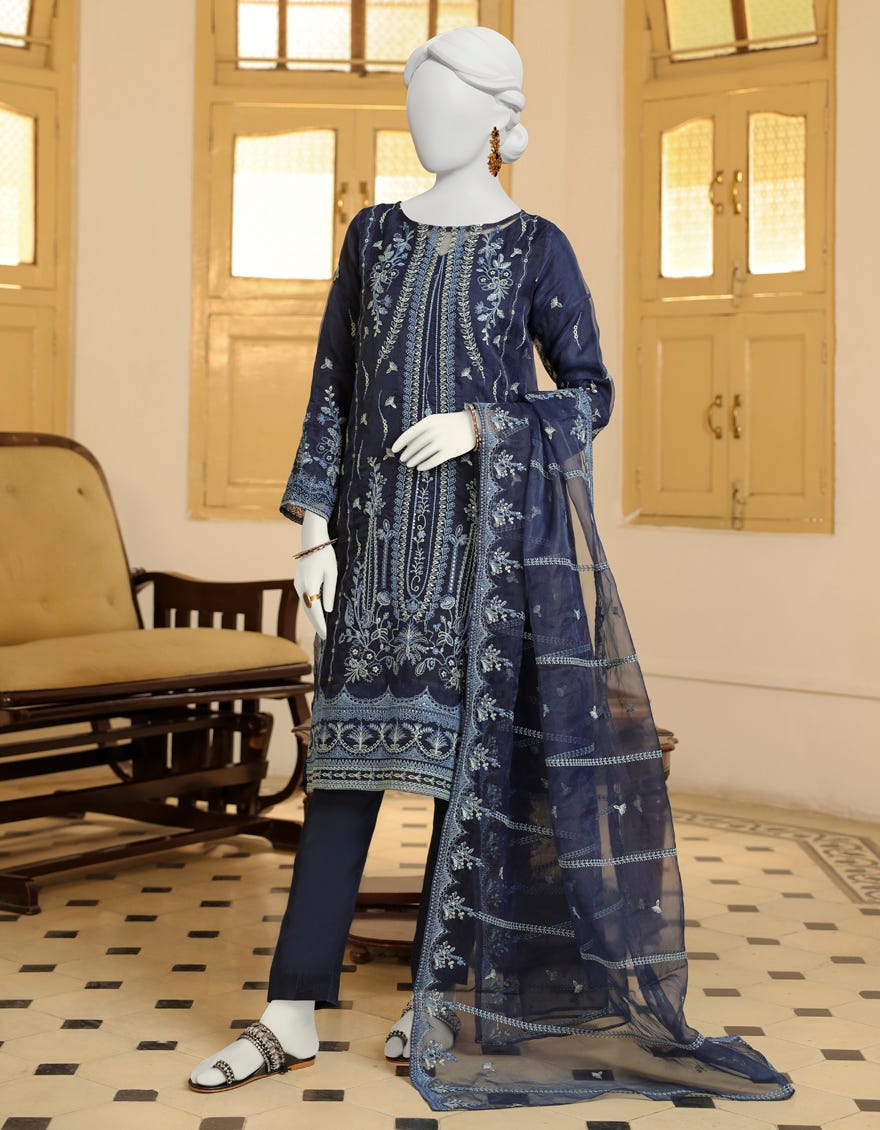 Blue Organza 3 Piece Stitched Dress | Jjpw-S-Jpwf-23-090