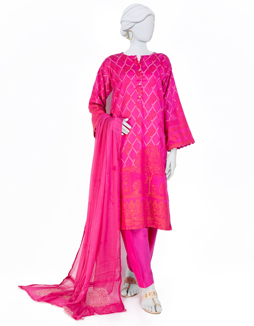 Pink Jacquard 3 Piece Stitched Dress | Jlawn-S-23-006
