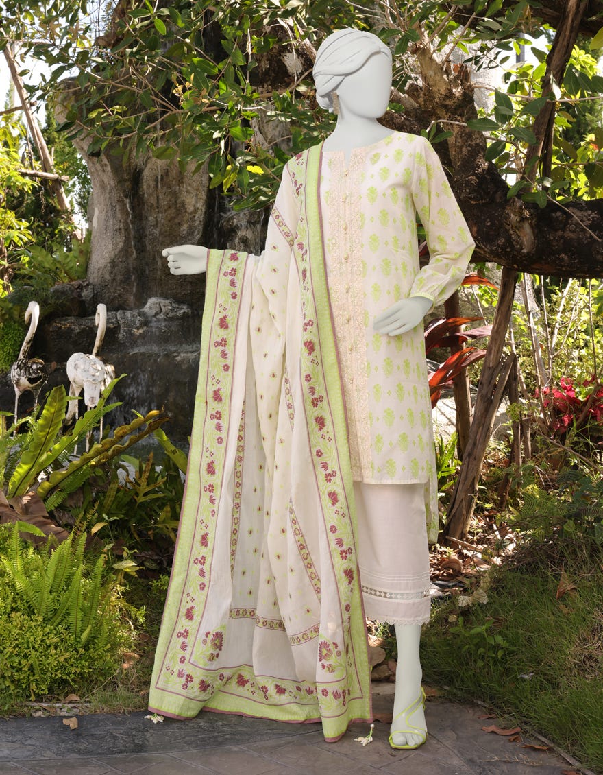 White-Lime Green Lawn Unstitched 2 Piece Dress | Jlawn-S-Jds-23-1033