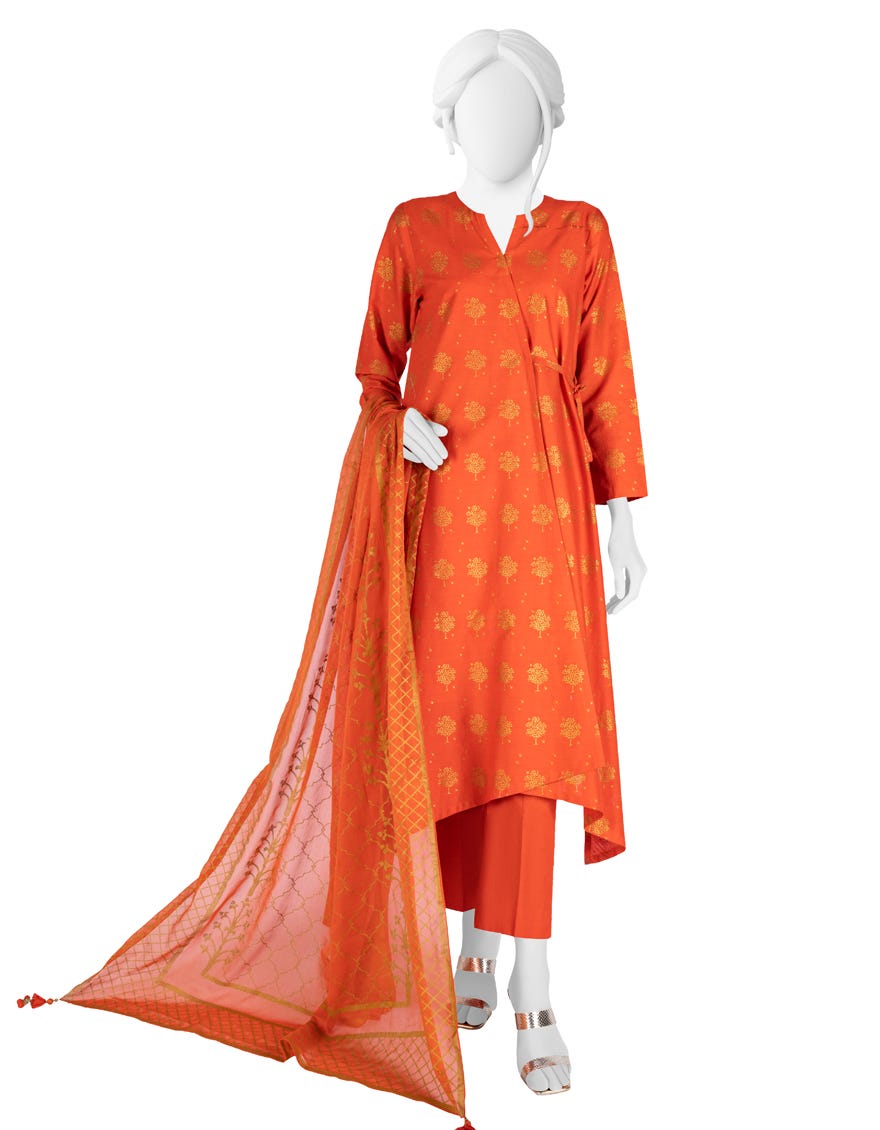 ORANGE LAWN UNSTITCHED 2PC | JLAWN-S-JDS-23-1052