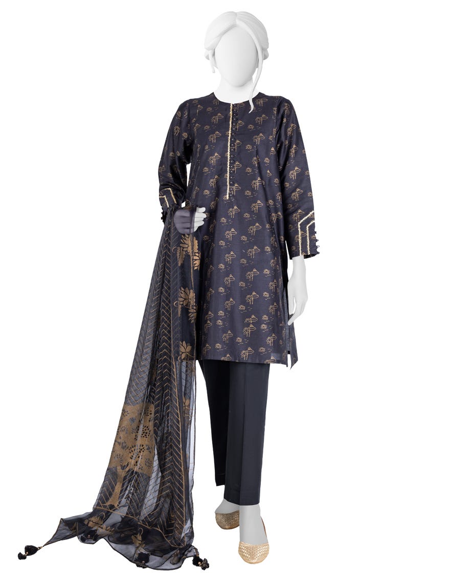 BLACK LAWN UNSTITCHED 2PC | JLAWN-S-JDS-23-1055