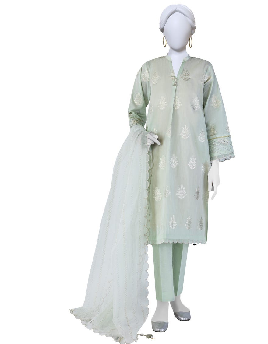 SEA GREEN LAWN UNSTITCHED 2PC | JLAWN-S-JDS-23-1075