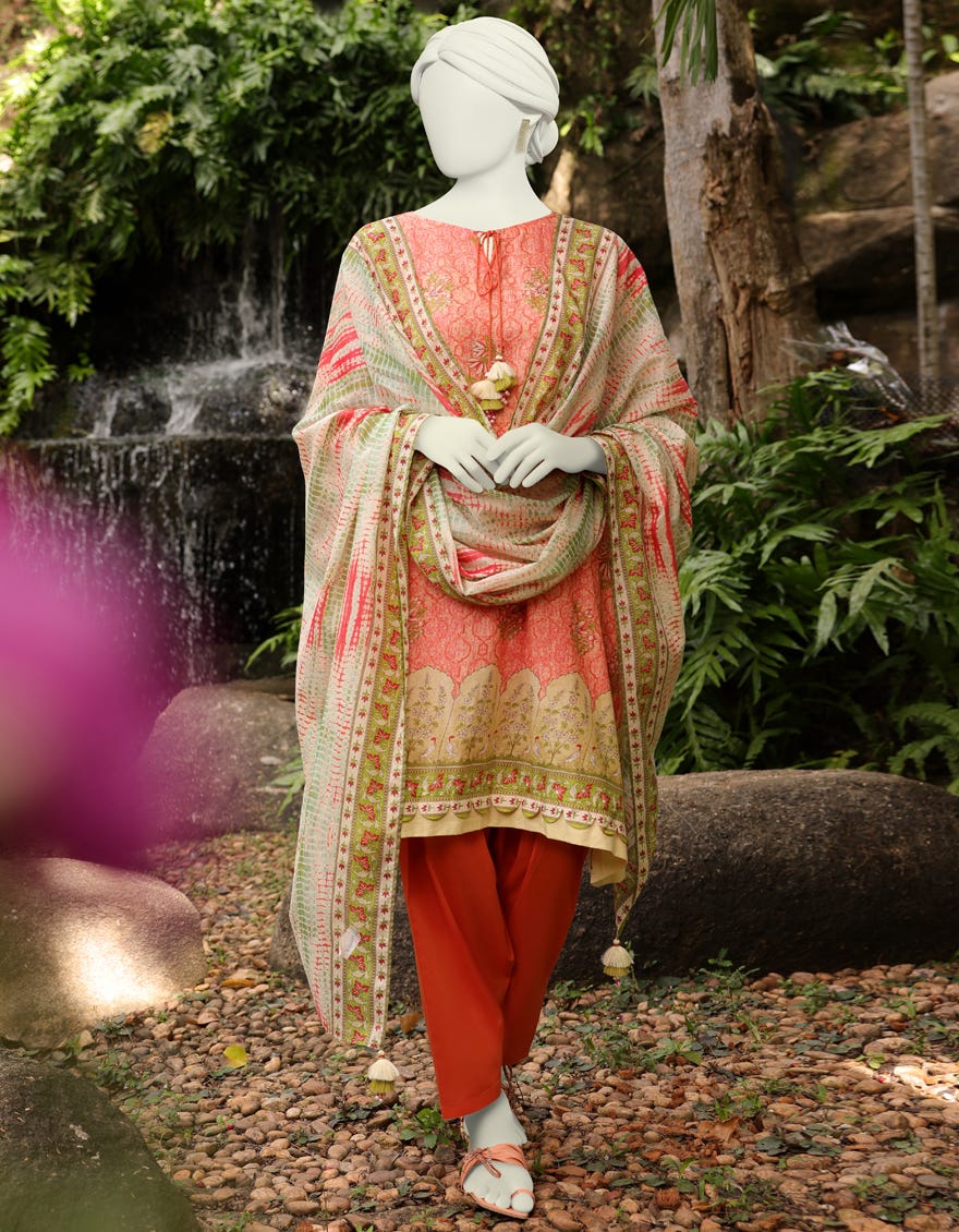 Pink Orange Lawn Unstitched 3 Piece Dress | Jlawn-S-23-141 Mehrab