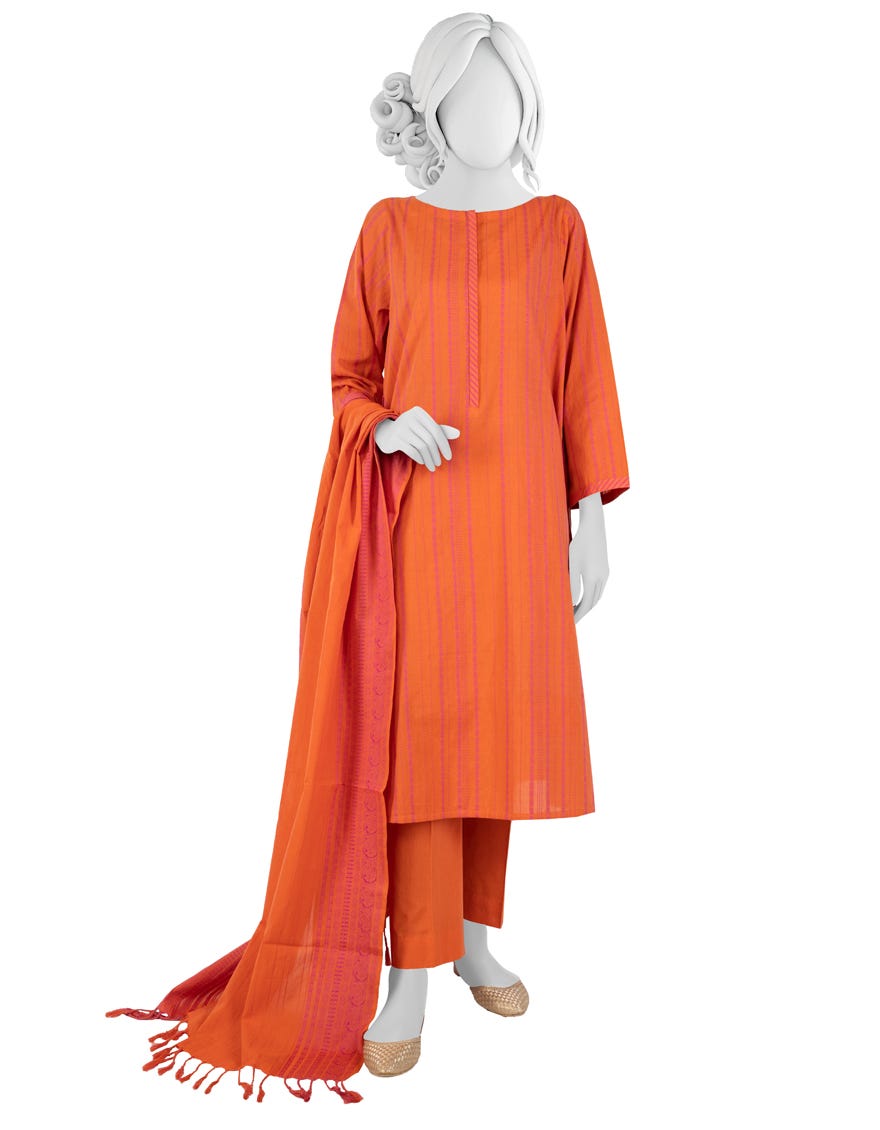 Orange Unstitched 3 Piece Dress | Jlawn-S-23-144