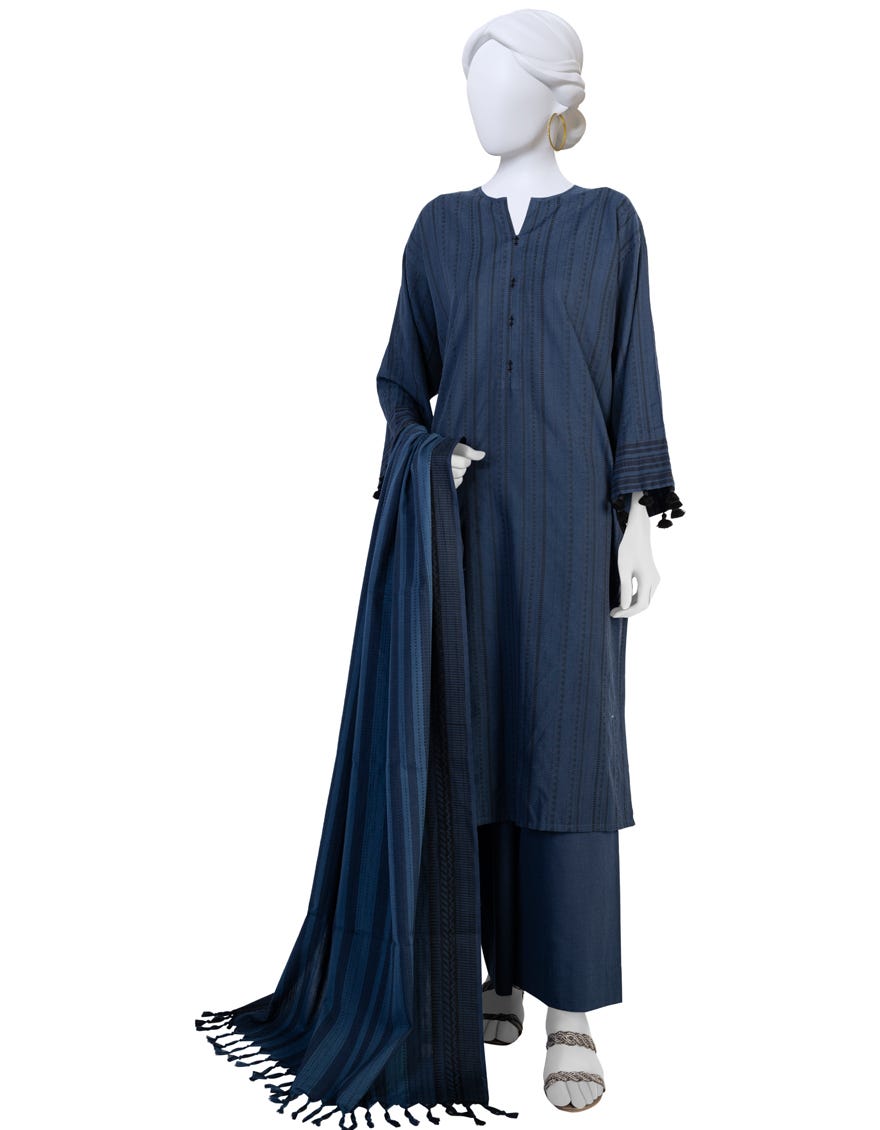 DARK BLUE YARN DYED UNSTITCHED 3PC | JLAWN-S-23-145