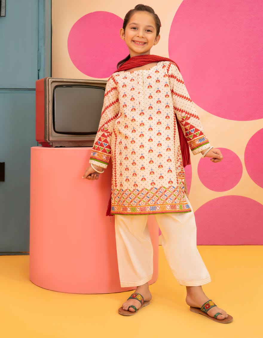 Cream-Red Lawn Girls 3 Piece Stitched | Jgkl-S-23-1521