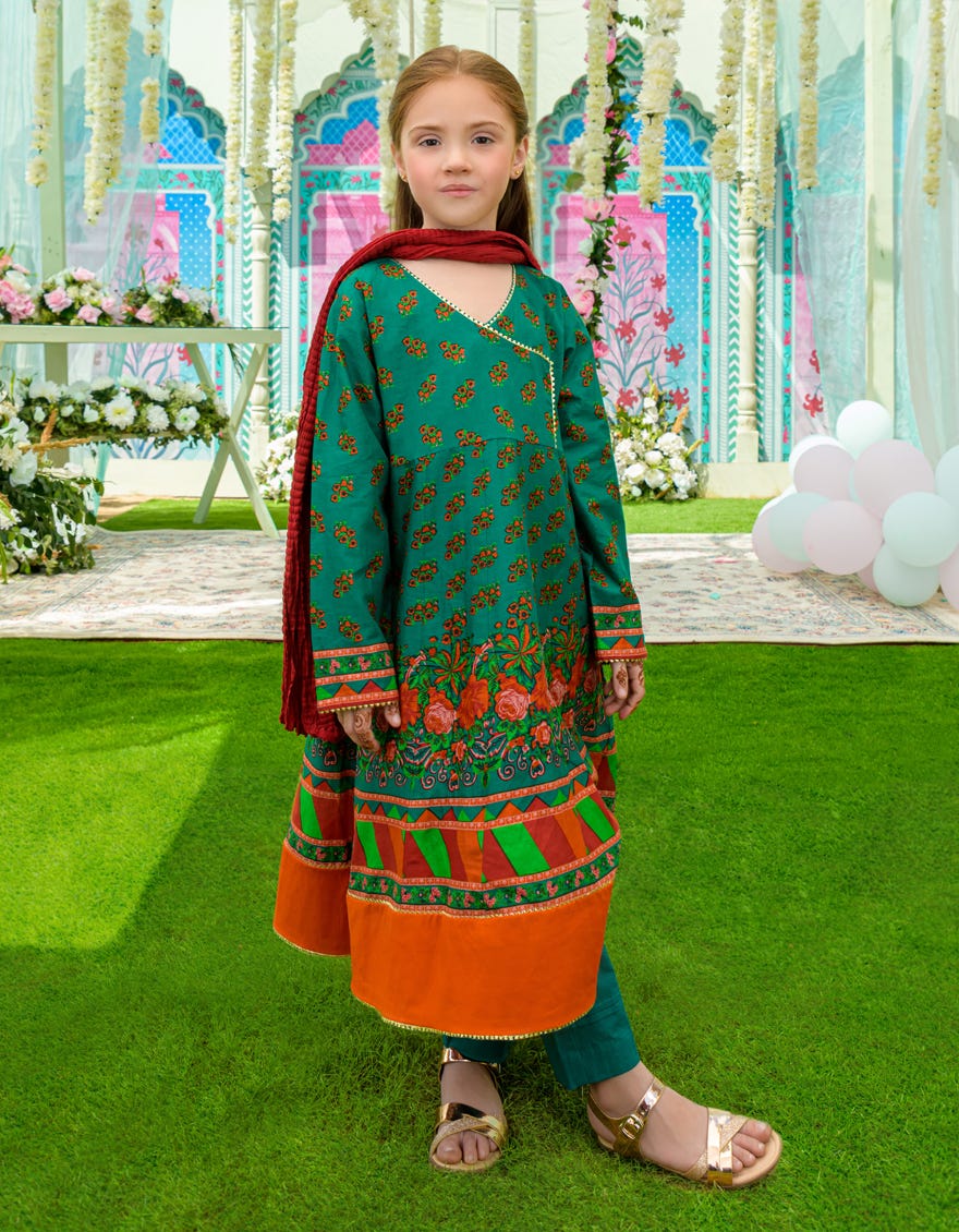 Dark Green Lawn Girls 3 Piece Stitched | Jgkl-S-23-1531