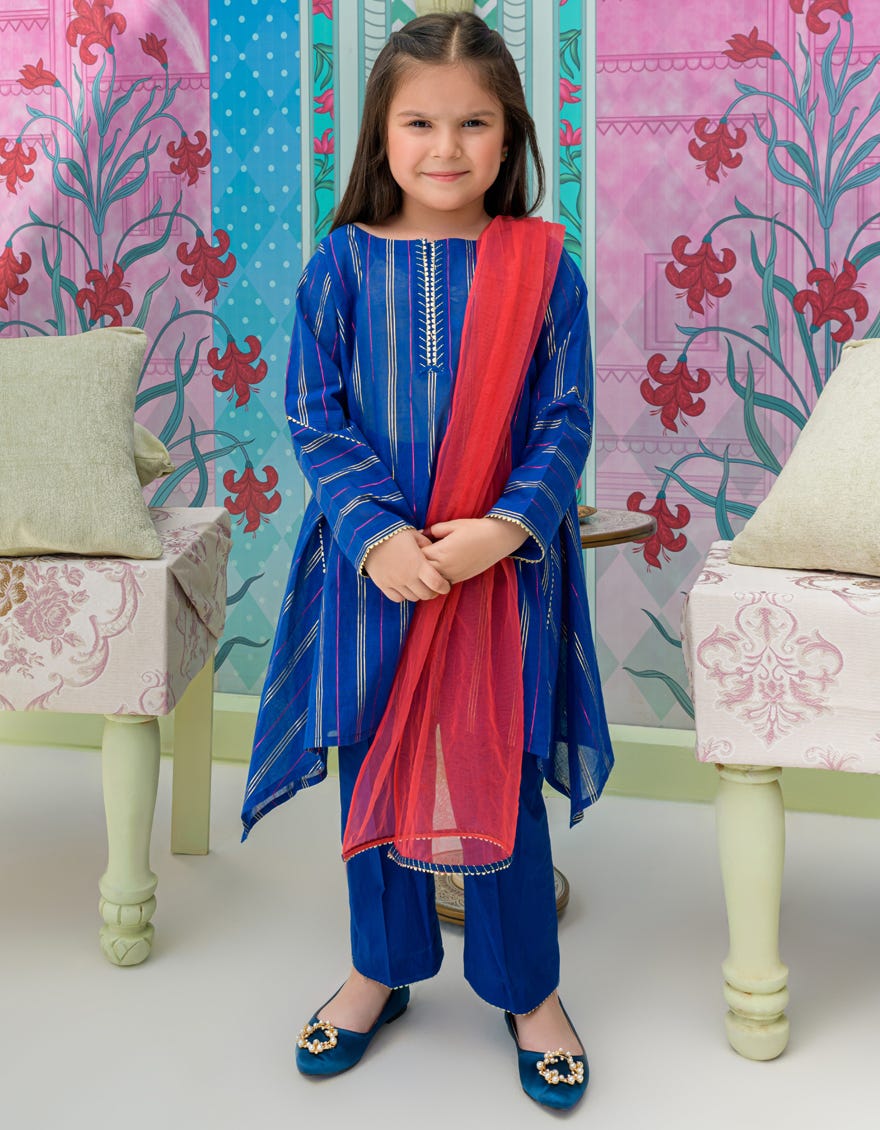 Blue Yarn Dyed Girls 3 Piece Stitched | Jgkl-S-23-1533