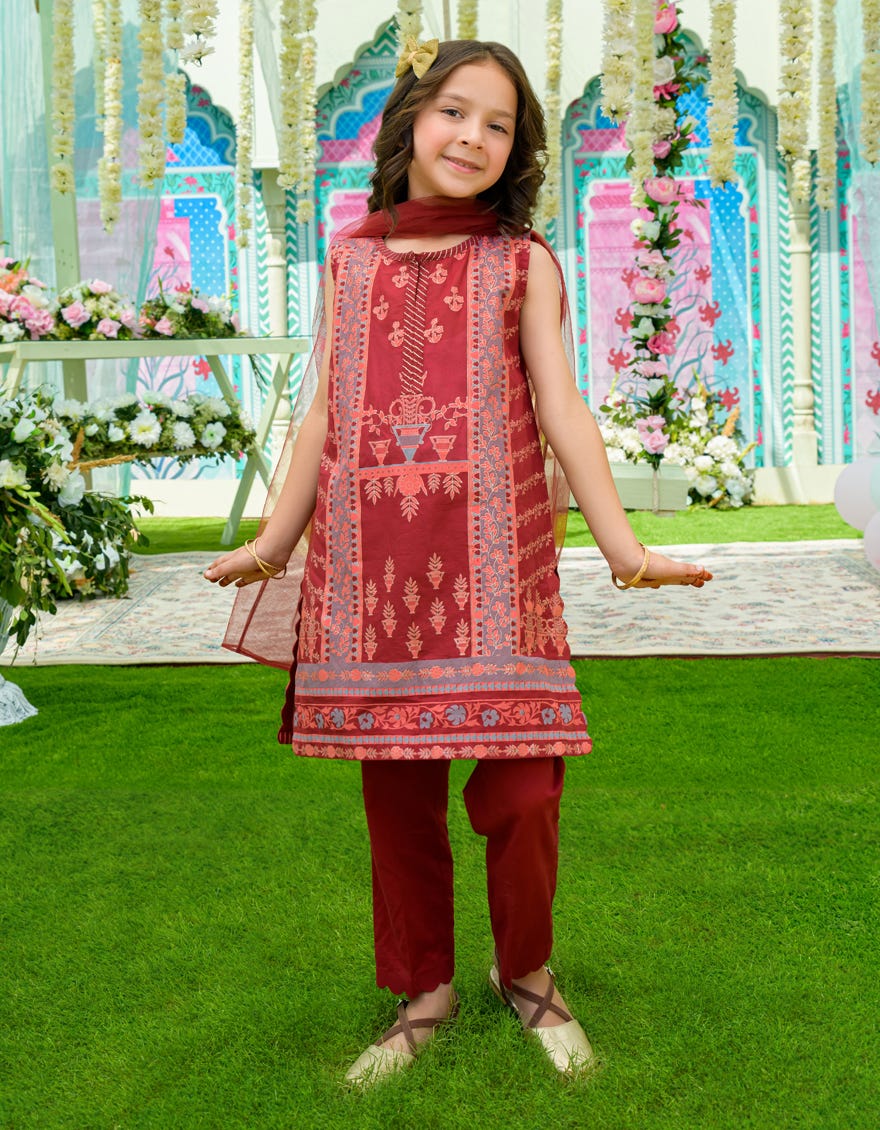 Maroon Lawn Girls 3 Piece Stitched | Jgkl-S-23-1541