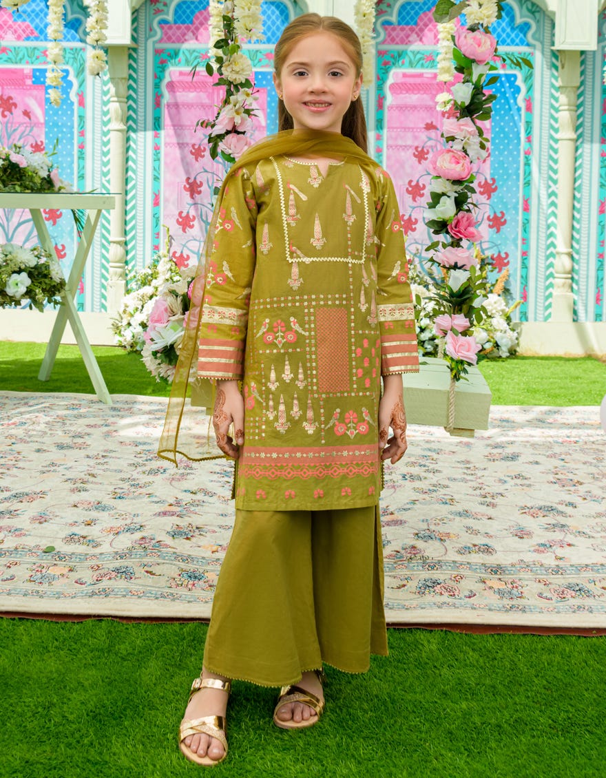 Mehndi Cotton Girls 3 Piece Stitched | Jgkl-S-23-1543
