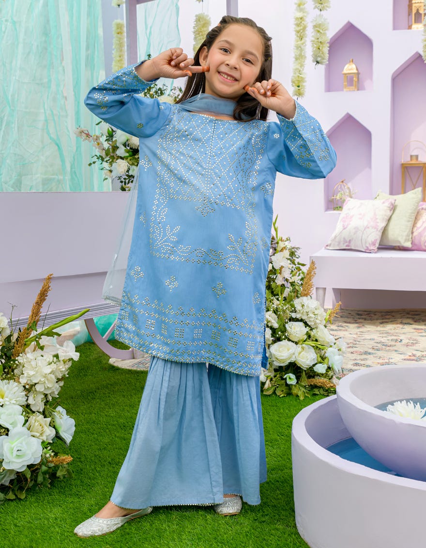 Sky Blue Cotton Girls 3 Piece Stitched | Jgkl-S-23-1559