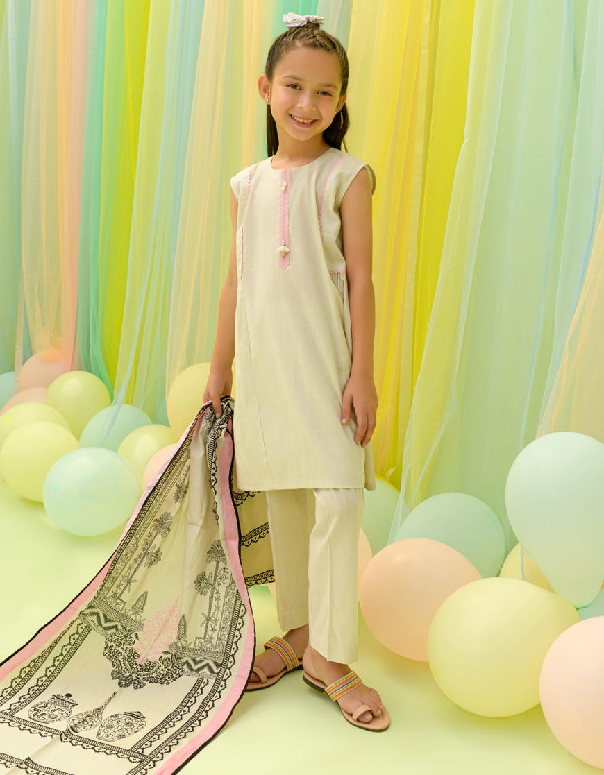 BEIGE LAWN GIRLS 3PC | JGKL-S-23-1587