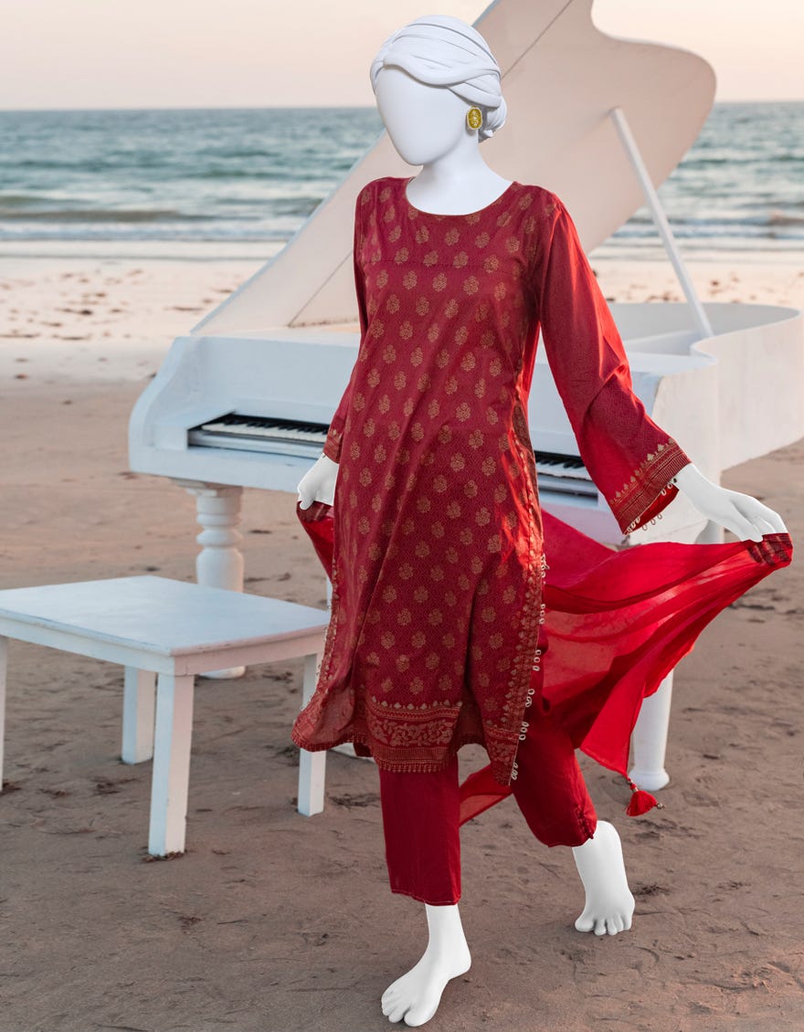 Red Lawn 3 Piece Stitched Dress | Jlawn-S-23-160