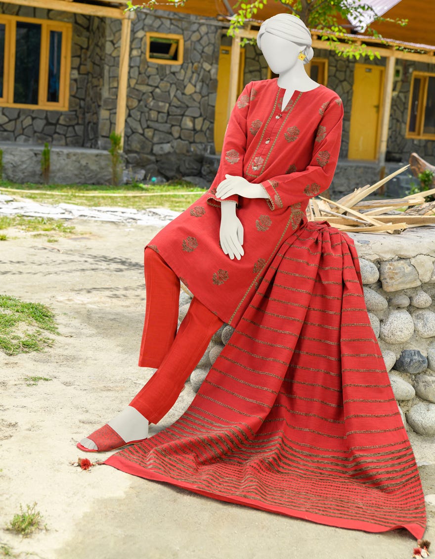 Red Chenille Jacquard Unstitched 3 Piece Dress | Jjls-W-Jwu-23-1702