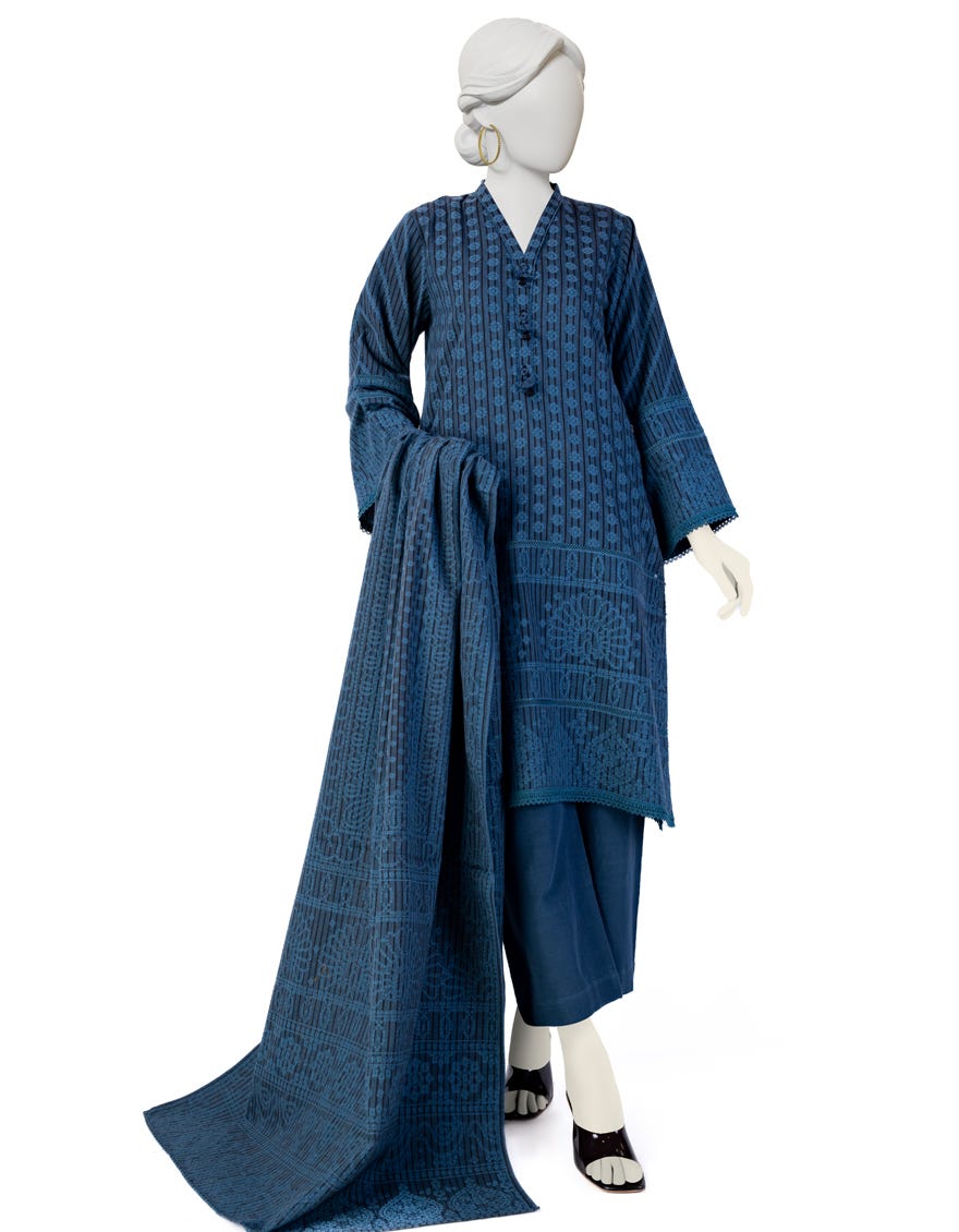 Blue Jacquard 3 Piece Stitched Dress | Jjpw-W-Jw-23-1705