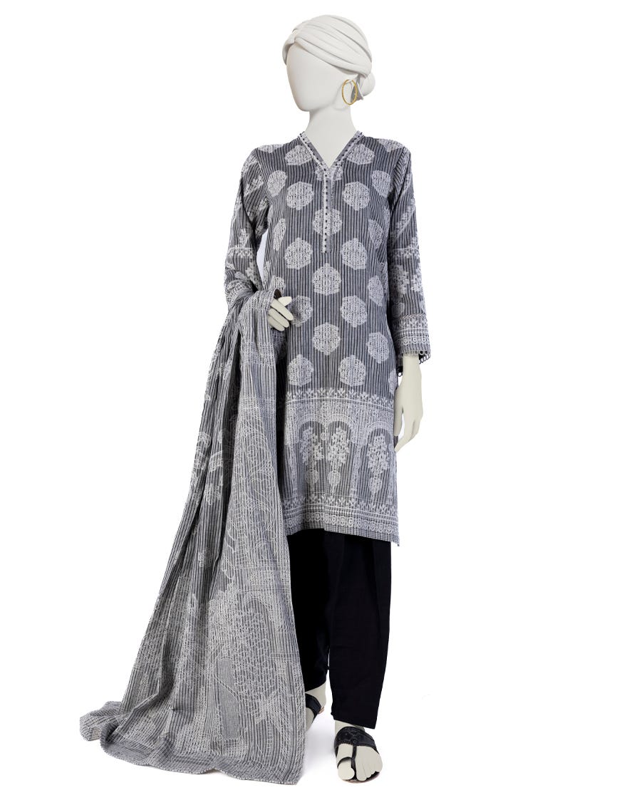 Grey Jacquard 3 Piece Stitched Dress | Jjpw-W-Jw-23-1707