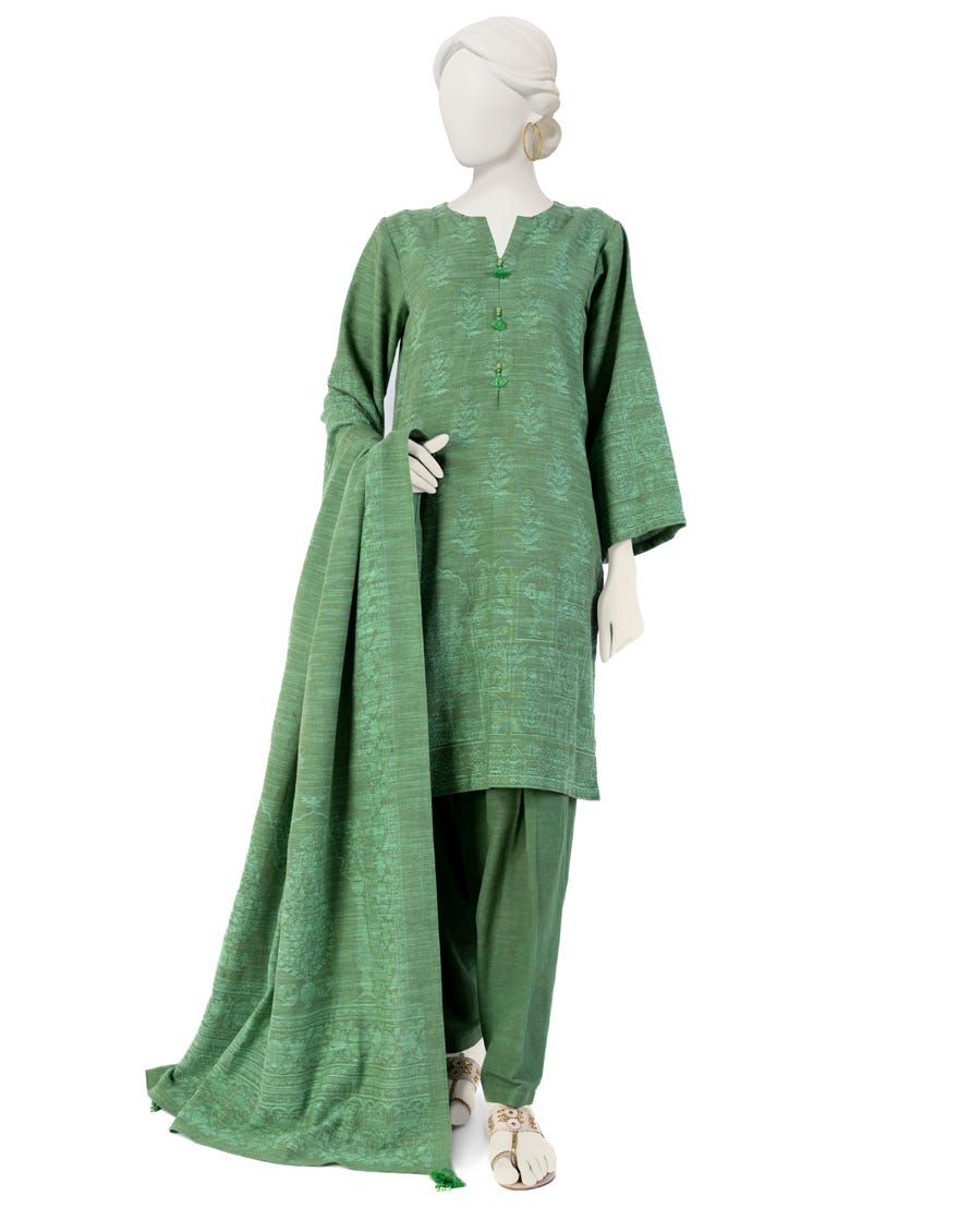 Green Jacquard 3 Piece Stitched Dress | Jjpw-W-Jw-23-1709