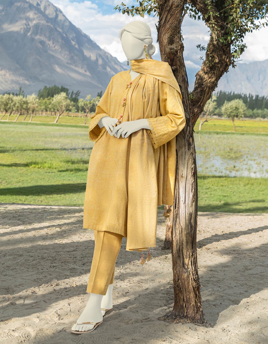 Yellow Karandi Jacquard Unstitched 3 Piece Dress | Jjls-W-Jw-23-1714