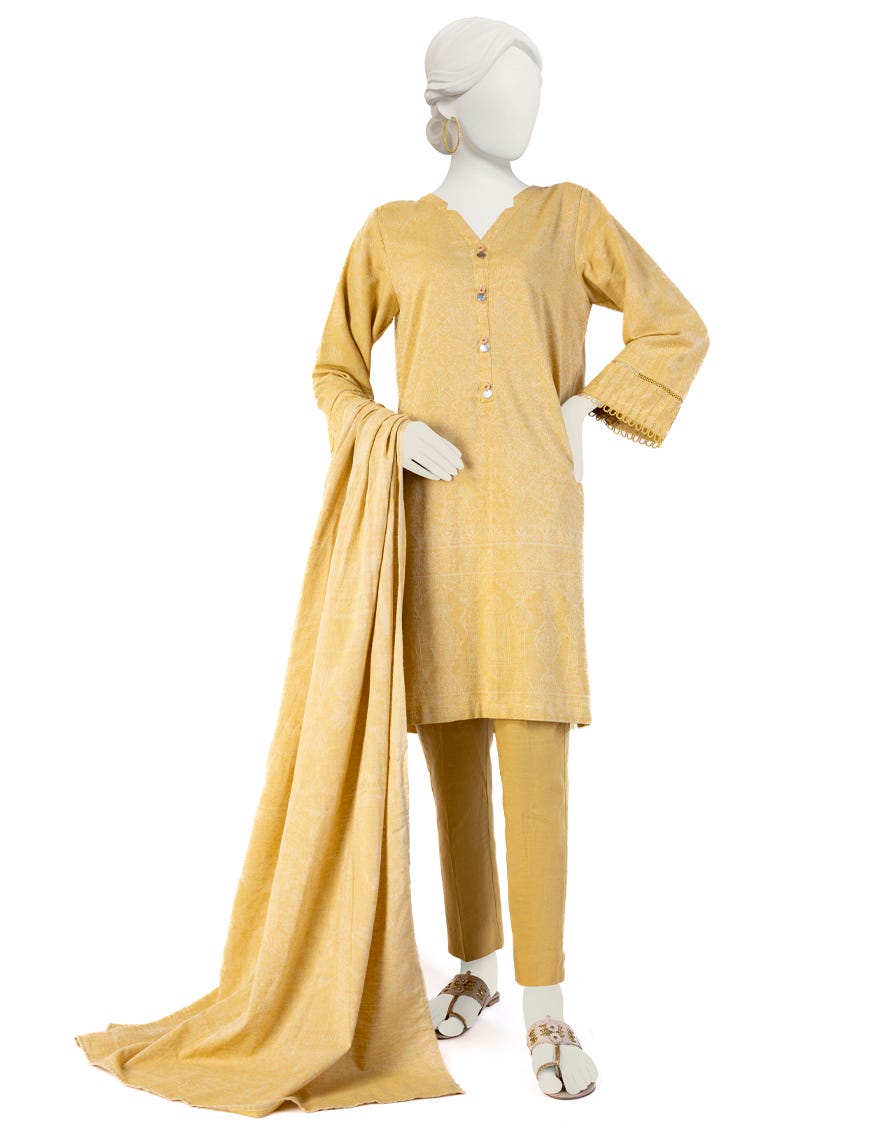 Yellow Karandi 3 Piece Stitched Dress | Jjpw-W-Jw-23-1714